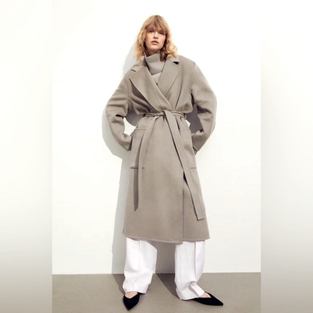 H&M PREMIUM DOUBLE FACED WOOL BLEND MIDI LENGTH WRAP COAT NEUTRAL Taupe Gray XS